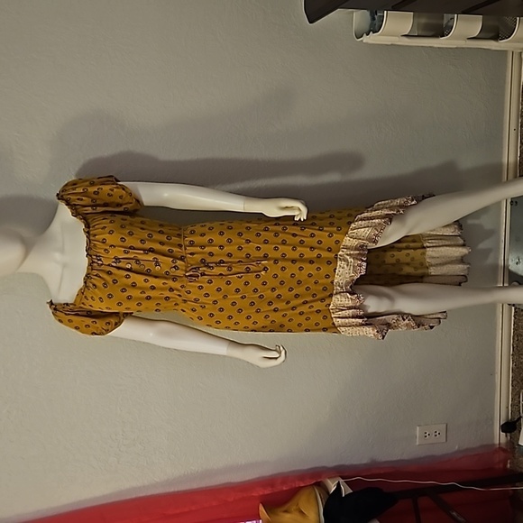 VTG Y2k Mustard Floral Ruffle Off Shoulder High-Low Prairie Boho Dress - Picture 3 of 8